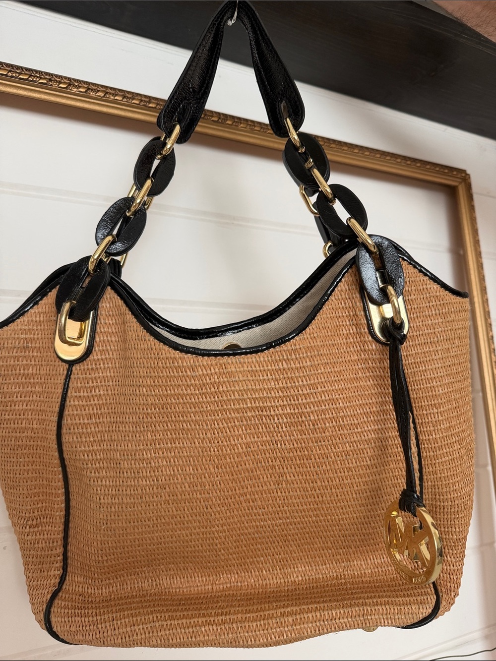 Michael by Michael Kors Straw Tote Bag with Black Trim and Gold Accent